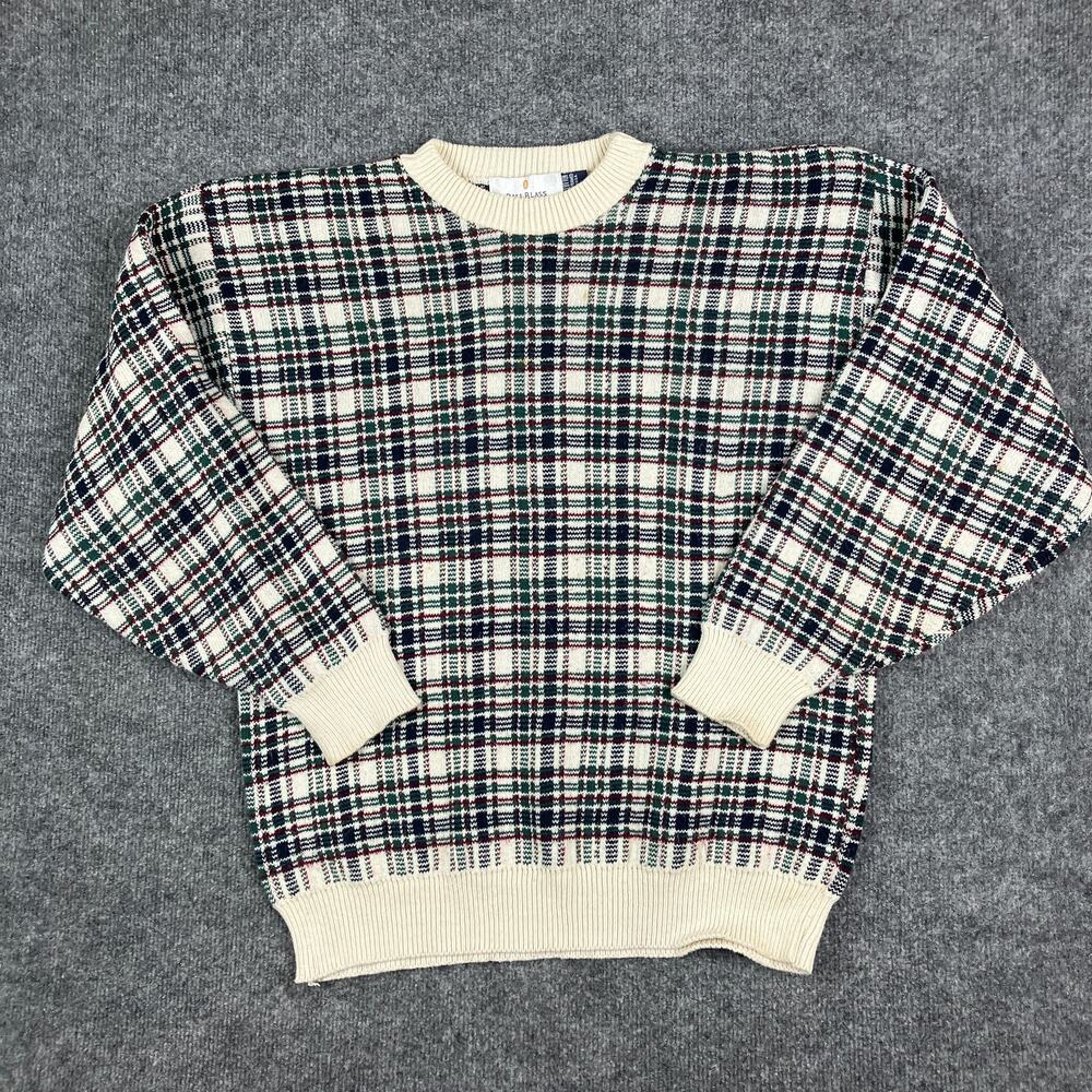Bill Blass Sweater Mens Size L Cream‎ Plaid Knit Vintage Crew Neck Pullover